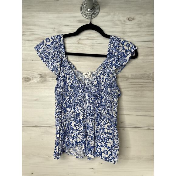 Japna Top Womens Medium Blue White Floral Smocked Boho Peasant Blouse Rayon - Picture 1 of 8